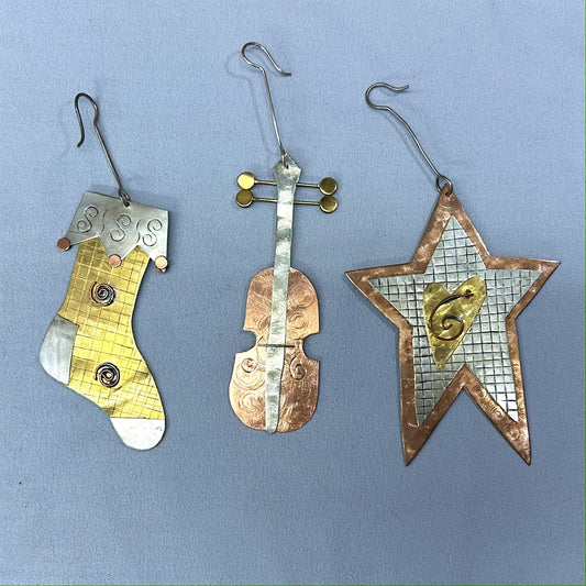 Ornament, Heart Star, copper, silver and brass
